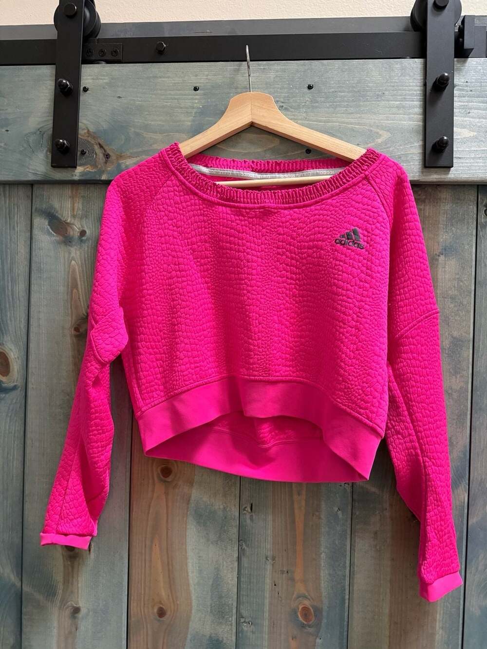 Adidas Running Cropped Sweatshirt Pullover Pink Textured Crew Neck